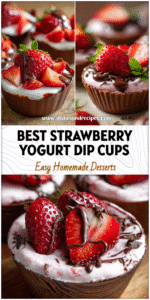 Close-up of strawberry chocolate Greek yogurt cups with fruit topping for healthy dessert dips